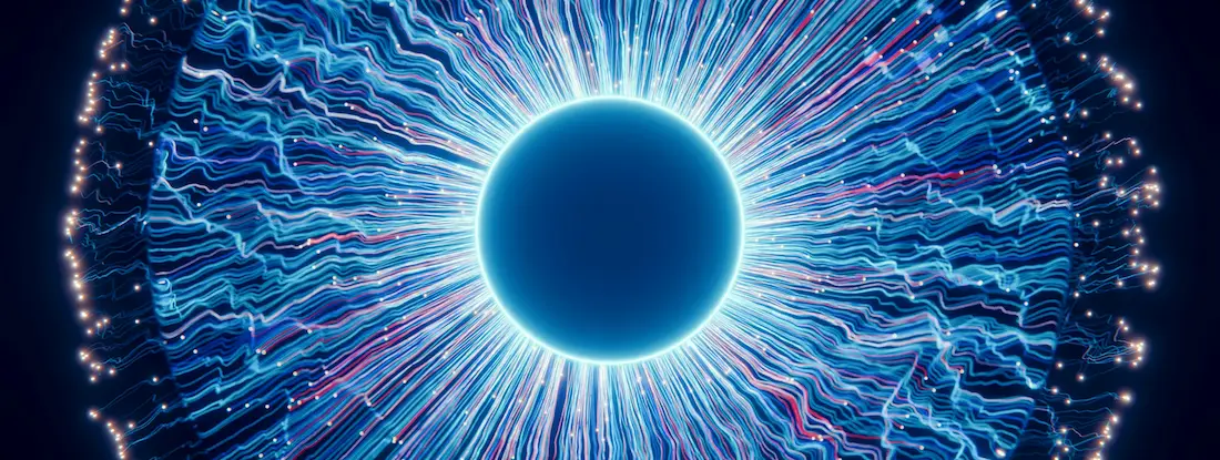 AI New Image Abstract glowing blue sphere surrounded by radiating digital light waves.